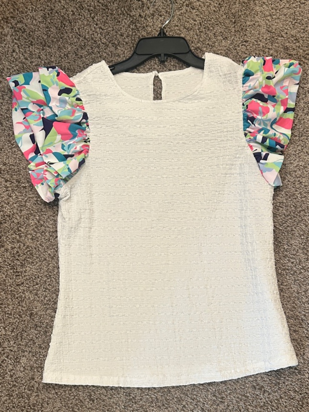 White Textured Blouse with Multicolor Ruffle Sleeves